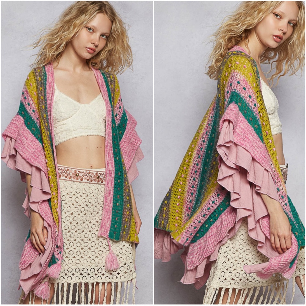 POL Pink Multi-Color Crochet Ruffle Open Cardigan - Picture 4 of 5